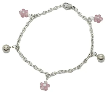 Pulsera de Acero Quirurgico eslabon tiff con bolitas y flor murano lila 18cm